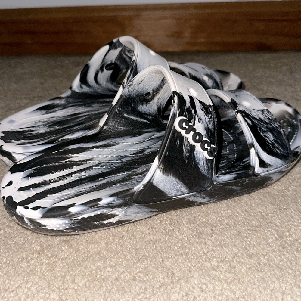 Croc sandals/slides- black and white marble, women’s 10